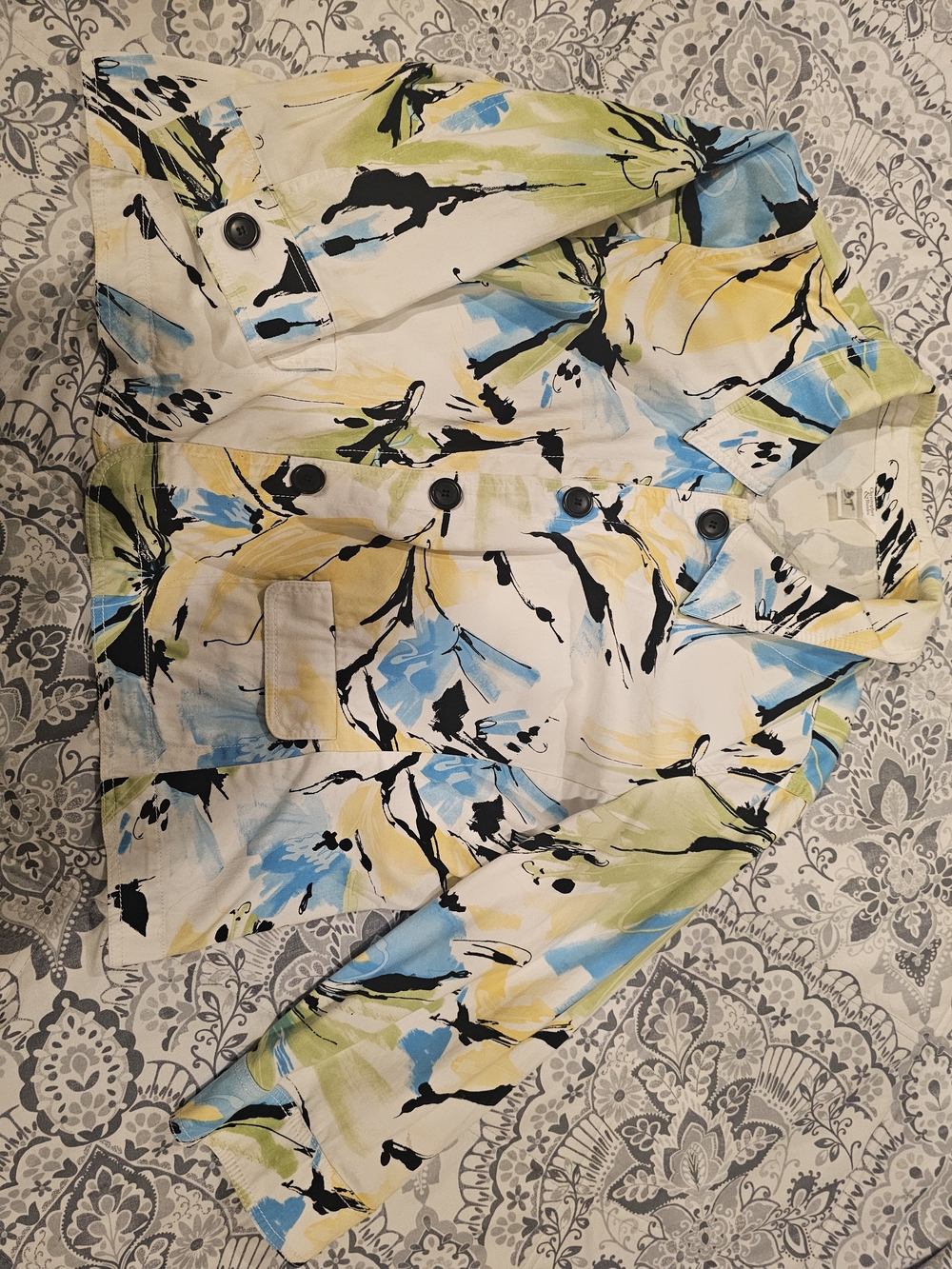 Abstract Floral Print Women's Jacket - Blue, Yellow & Green